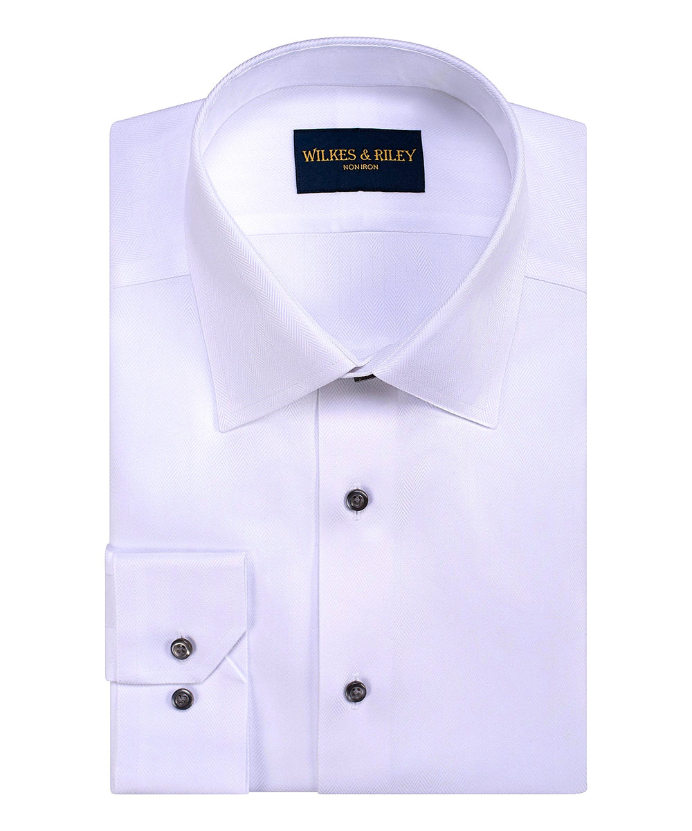 Tailored Fit White Spread Collar Non-Iron Herringbone Dress Shirt