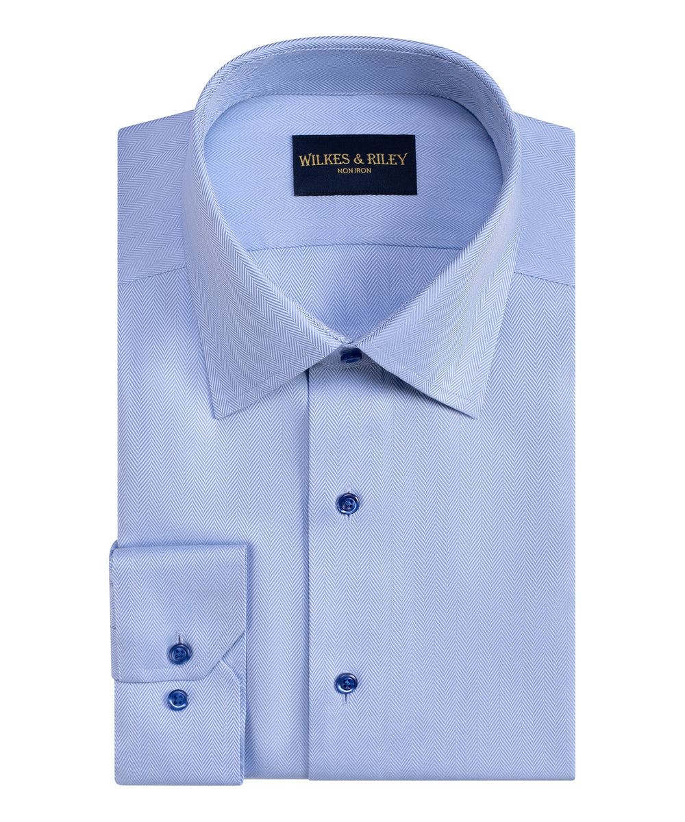 Tailored Fit Blue Spread Collar Non-Iron Herringbone Dress Shirt