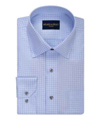 Classic Fit Blue Spread Collar Non-Iron Herringbone check Dress Shirt