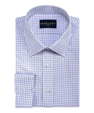 Tailored Fit Sky/Grey EOE Check Spread Collar  Non-Iron Broadcloth Dress Shirt