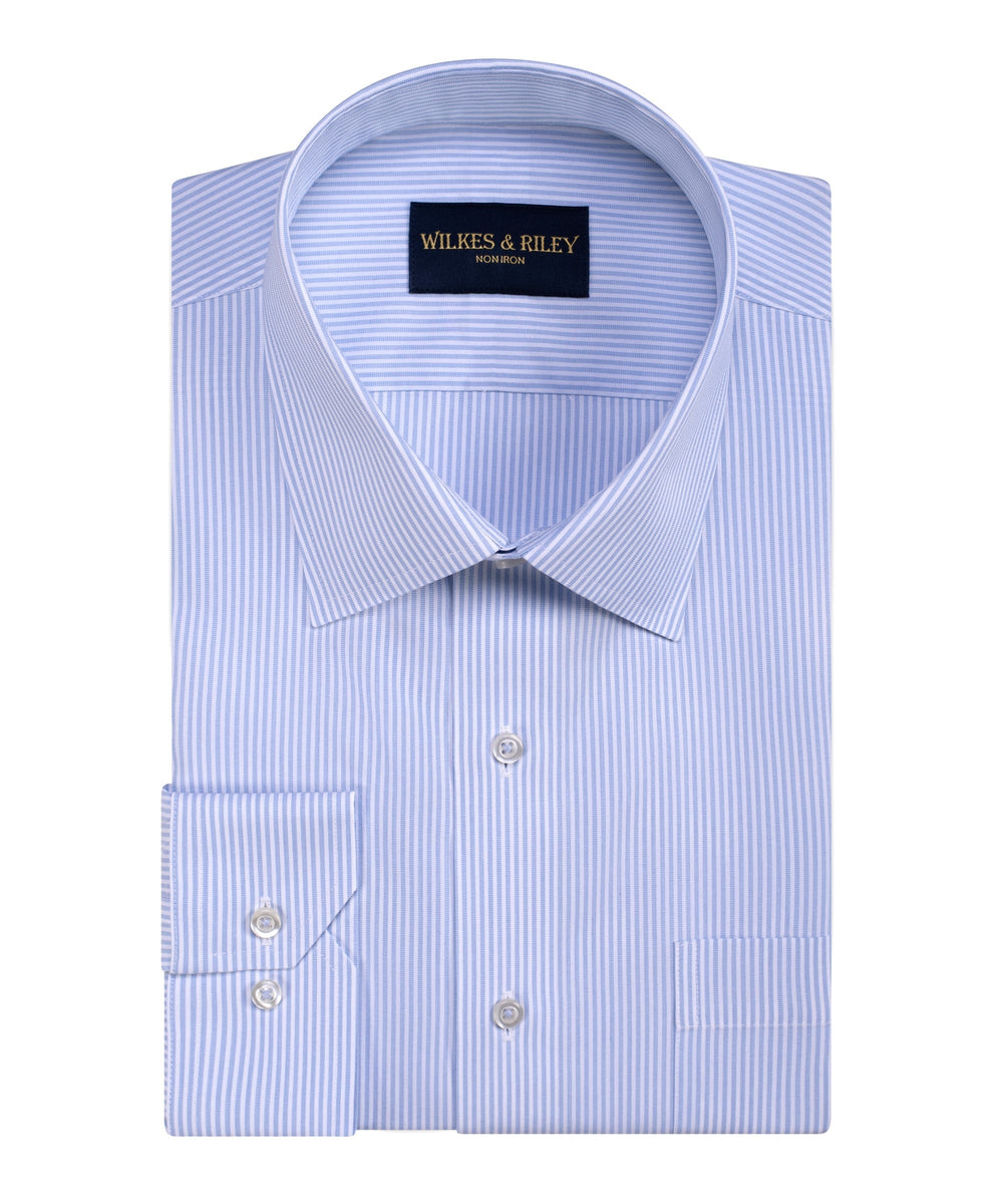 Classic Fit Light Blue End-On-End Stripe Spread Collar Non-Iron broadcloth Dress Shirt