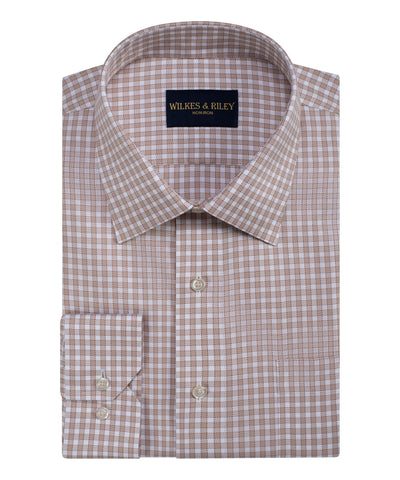 Tailored Fit Tan Spread Collar Non-Iron Queens oxford Check Dress Shirt