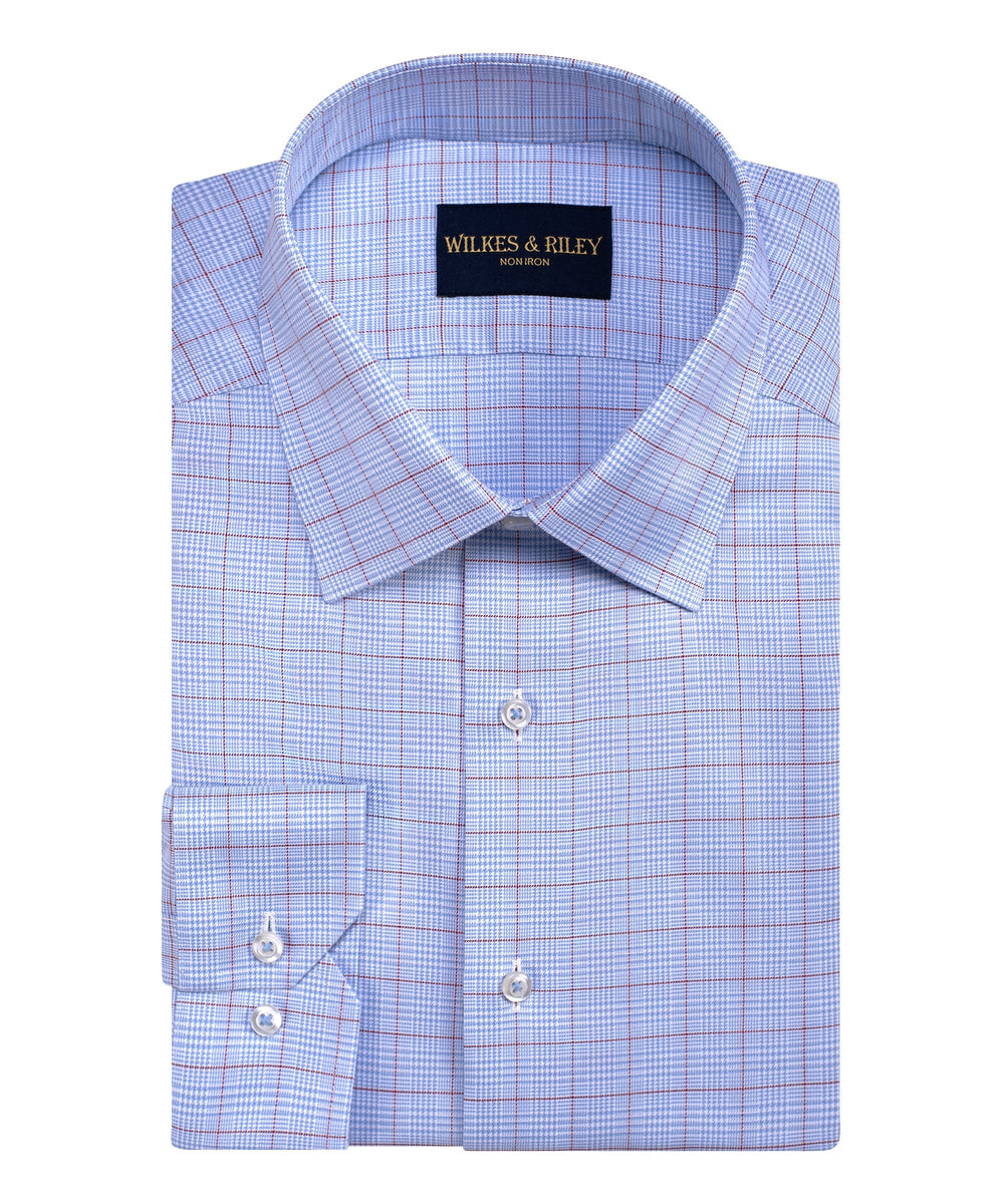 Tailored Fit Sky Blue / Burgundy Windowpane Spread Collar Non-Iron Dress Shirt