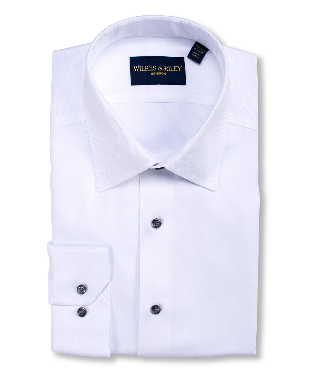 Tailored Fit White Spread Collar Non-Iron Herringbone Dress Shirt