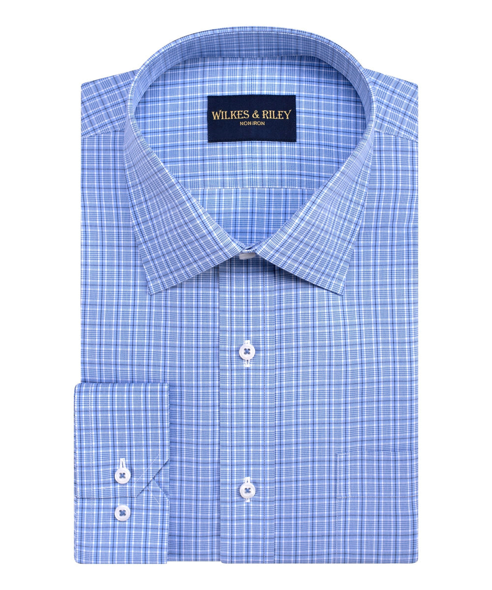 Tailored Fit Blue/Navy Plaid Spread Collar  Non-Iron Broadcloth Dress Shirt