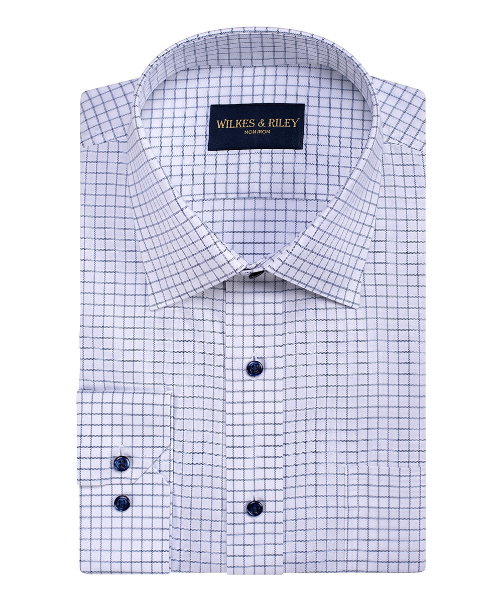 Classic Fit Navy Twill Triple Check Spread Collar Non-Iron Dress Shirt