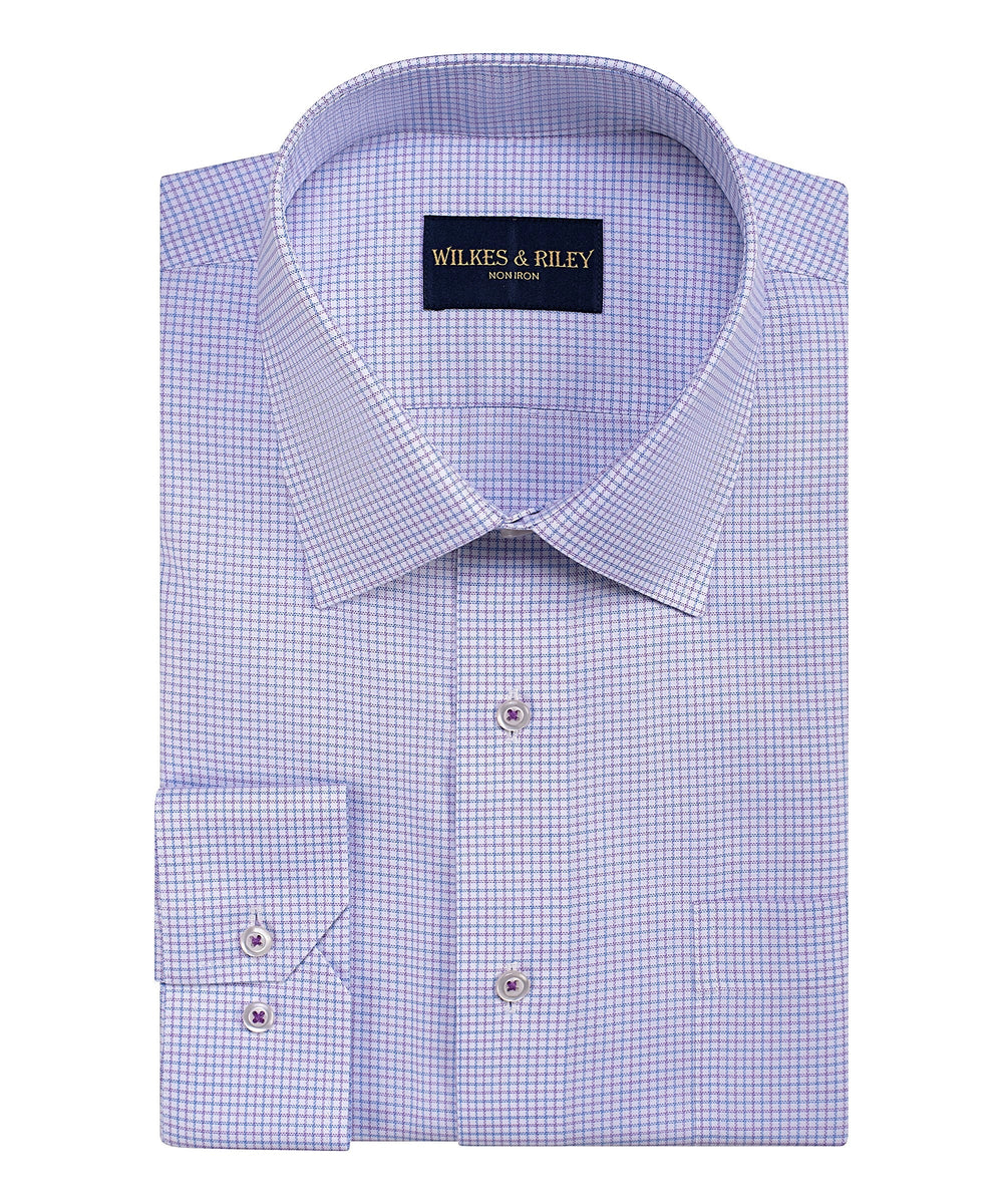 Tailored Fit Raspberry & Sky Micro Check Spread Collar Non-Iron Dress Shirt