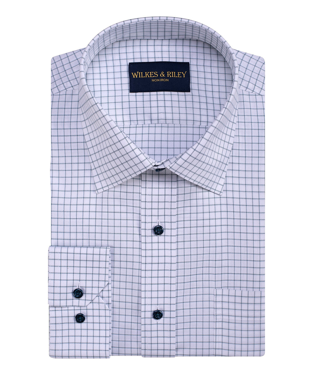 Classic Fit Teal Twill Triple Check Spread Collar Non-Iron Dress Shirt