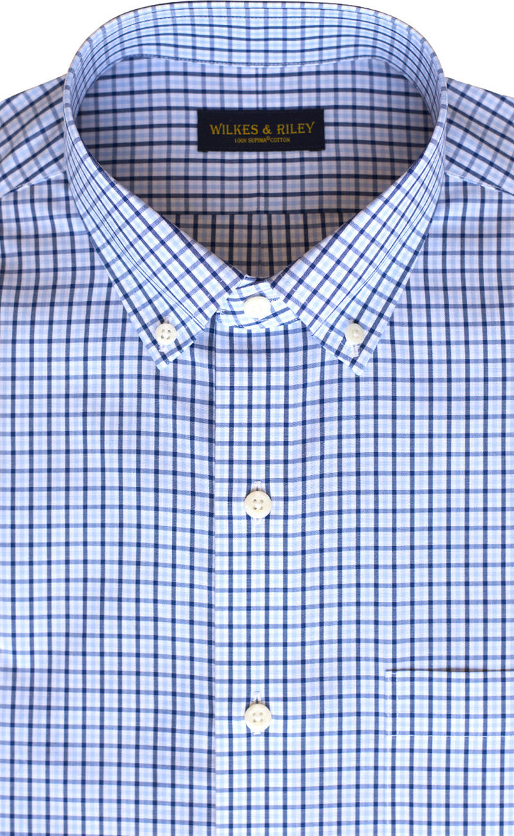 Tailored Fit Sky / Navy Tattersall check Button-Down Collar Supima® Non-Iron Cotton Broadcloth Sport Shirt