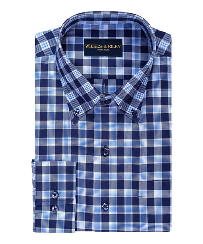 Classic Fit Navy Herringbone Button-Down Collar Non-Iron Sport Shirt