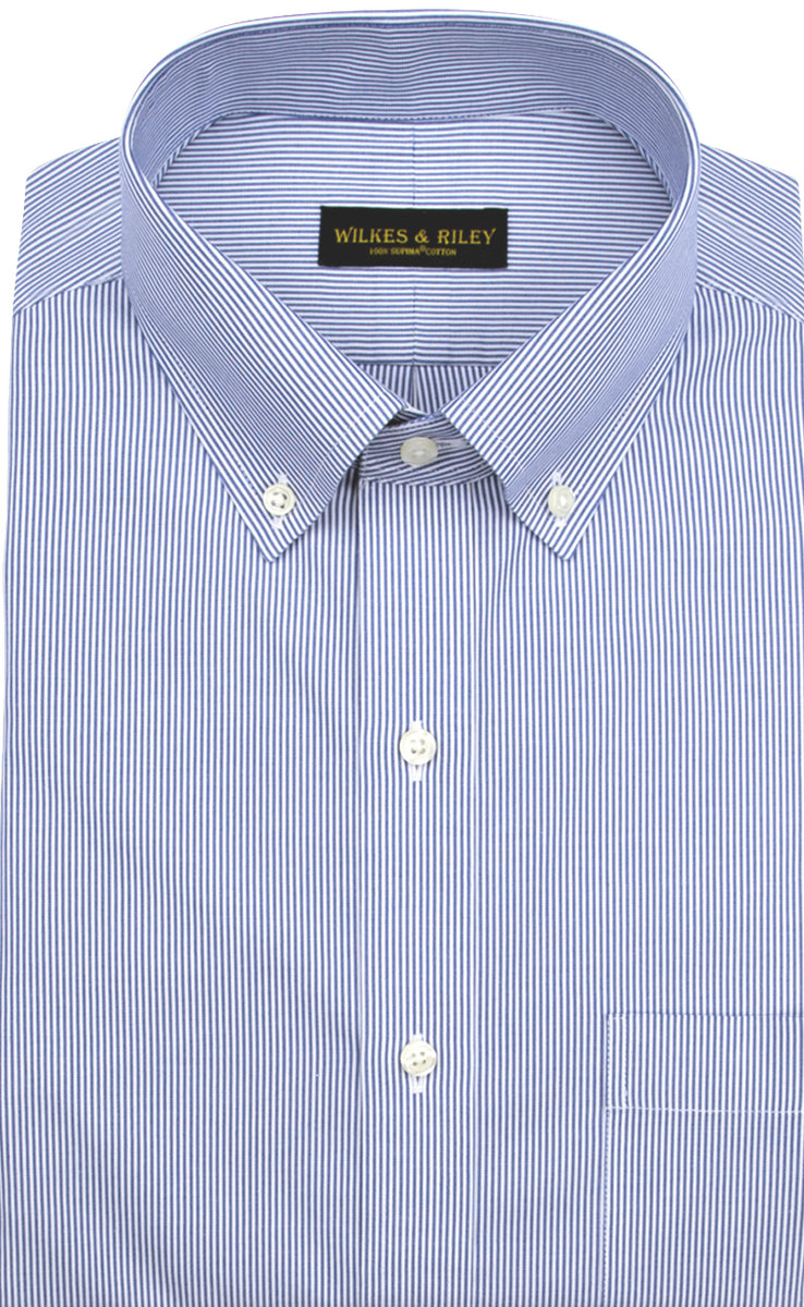 Blue striped no-iron cotton eyelet collar Shirt with contrast collar