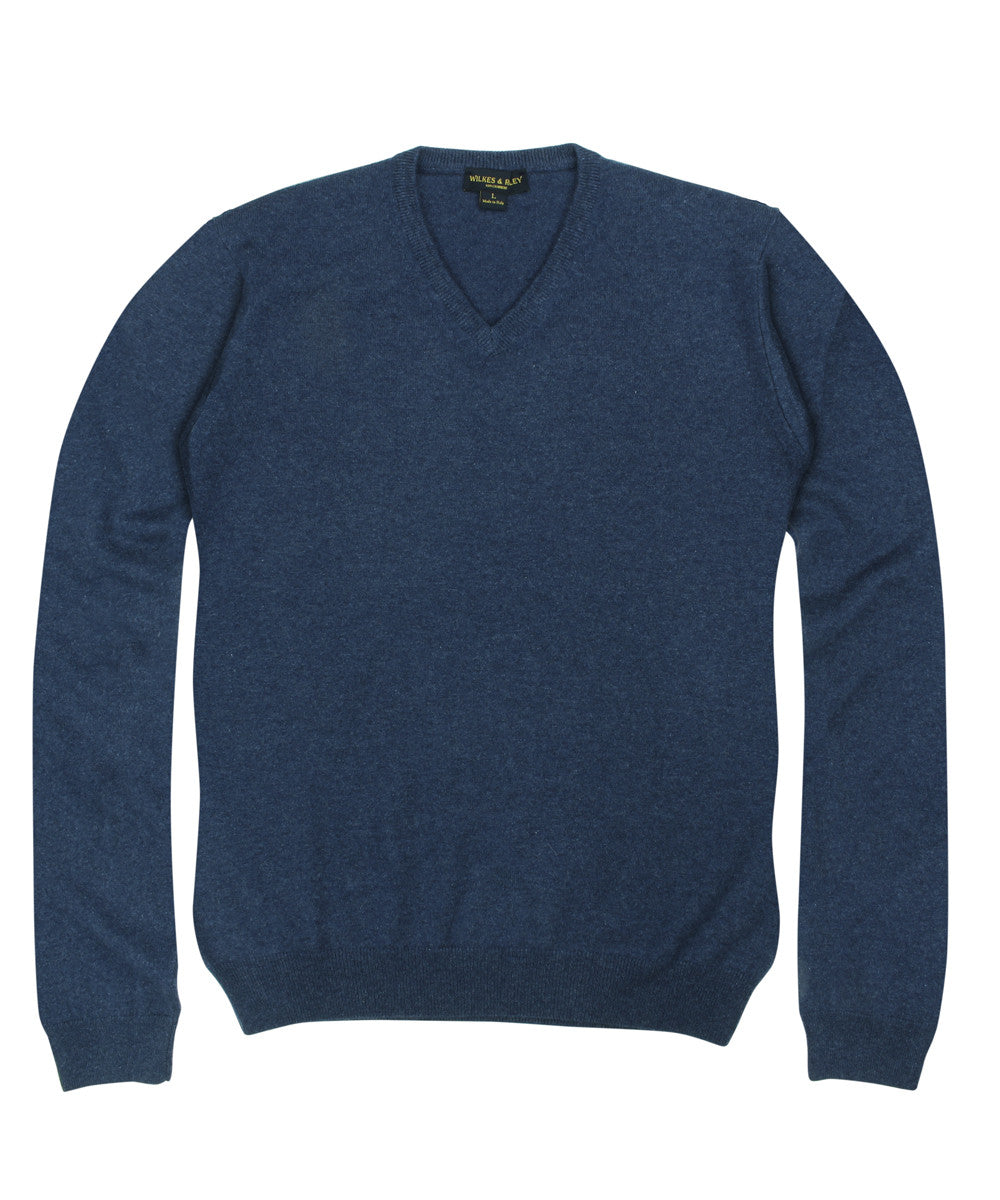 100% Cashmere V-neck Sweater w/ Loro Piana Yarn in Blue – Wilkes & Riley